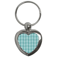 Teal And White Leaf Pattern Key Chain (heart) by GardenOfOphir