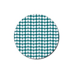 Teal And White Leaf Pattern Rubber Coaster (round) by GardenOfOphir