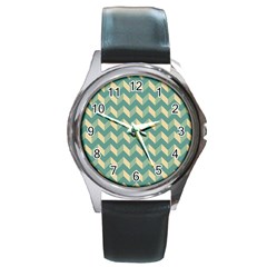 Modern Retro Chevron Patchwork Pattern Round Metal Watch by GardenOfOphir