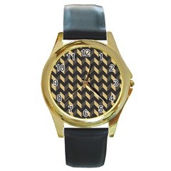 Modern Retro Chevron Patchwork Pattern Round Gold Metal Watch by GardenOfOphir