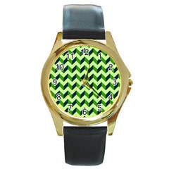 Modern Retro Chevron Patchwork Pattern Round Gold Metal Watch by GardenOfOphir