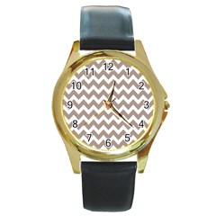 Beige Chevron Pattern Gifts Round Gold Metal Watch by GardenOfOphir