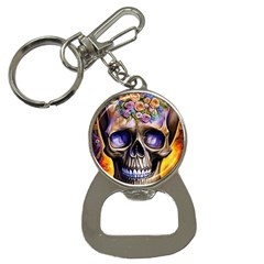 Skull With Flowers - Day Of The Dead Bottle Opener Key Chain by GardenOfOphir