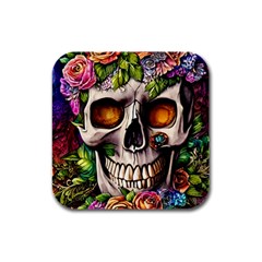 Gothic Skull With Flowers - Cute And Creepy Rubber Square Coaster (4 Pack) by GardenOfOphir