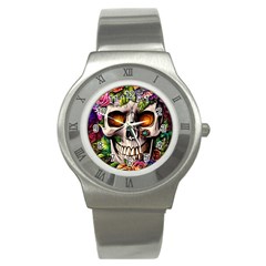 Gothic Skull With Flowers - Cute And Creepy Stainless Steel Watch by GardenOfOphir