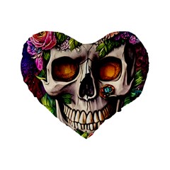 Gothic Skull With Flowers - Cute And Creepy Standard 16  Premium Flano Heart Shape Cushions by GardenOfOphir