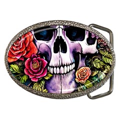 Sugar Skull With Flowers - Day Of The Dead Belt Buckles by GardenOfOphir