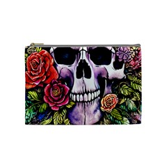 Sugar Skull With Flowers - Day Of The Dead Cosmetic Bag (medium) by GardenOfOphir