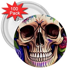 Retro Gothic Skull With Flowers - Cute And Creepy 3  Buttons (100 Pack)  by GardenOfOphir