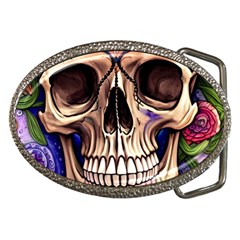 Retro Gothic Skull With Flowers - Cute And Creepy Belt Buckles by GardenOfOphir