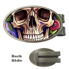 Retro Gothic Skull With Flowers - Cute And Creepy Money Clips (oval)  by GardenOfOphir