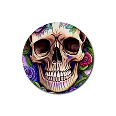 Retro Gothic Skull With Flowers - Cute And Creepy Rubber Coaster (round) by GardenOfOphir