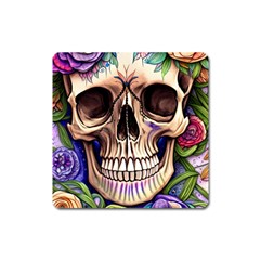 Retro Gothic Skull With Flowers - Cute And Creepy Square Magnet by GardenOfOphir