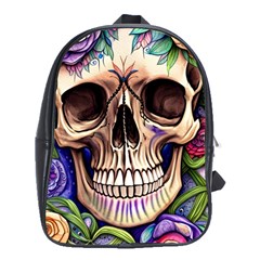 Retro Gothic Skull With Flowers - Cute And Creepy School Bag (xl) by GardenOfOphir