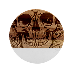 Retro Gothic Skull With Flowers - Cute And Creepy Marble Wood Coaster (round) by GardenOfOphir