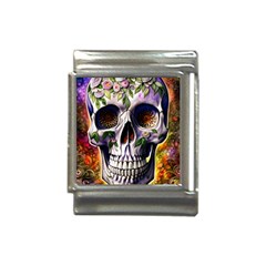 Cute Sugar Skull With Flowers - Day Of The Dead Italian Charm (13mm) by GardenOfOphir