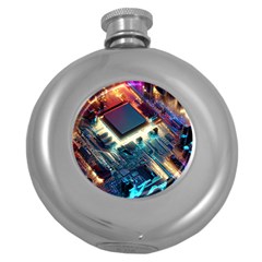 Ai Generated Motherboard City Technology Tech Cpu Round Hip Flask (5 Oz) by Jancukart