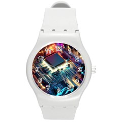 Ai Generated Motherboard City Technology Tech Cpu Round Plastic Sport Watch (m) by Jancukart