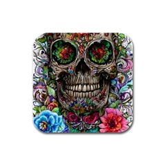 Retro Floral Skull Rubber Square Coaster (4 Pack) by GardenOfOphir