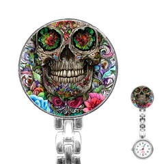 Retro Floral Skull Stainless Steel Nurses Watch by GardenOfOphir