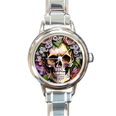 Death Skull Floral Round Italian Charm Watch by GardenOfOphir
