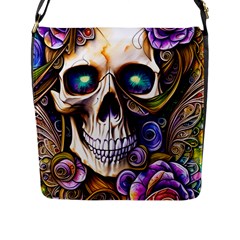 Gothic Cute Skull Floral Flap Closure Messenger Bag (l) by GardenOfOphir