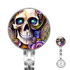 Gothic Cute Skull Floral Stainless Steel Nurses Watch by GardenOfOphir