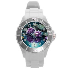 Roses Water Lilies Watercolor Round Plastic Sport Watch (l)