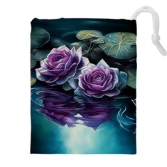 Roses Water Lilies Watercolor Drawstring Pouch (4xl) by Ravend