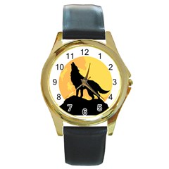 Wolf Wild Animal Night Moon Round Gold Metal Watch by Semog4