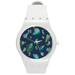 Blue Background Pattern Feather Peacock Round Plastic Sport Watch (m) by Semog4