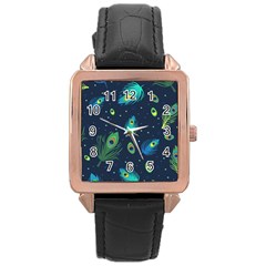 Blue Background Pattern Feather Peacock Rose Gold Leather Watch 