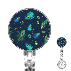 Blue Background Pattern Feather Peacock Stainless Steel Nurses Watch