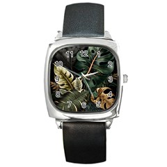 Tropical Leaves Foliage Monstera Nature Home Pattern Square Metal Watch
