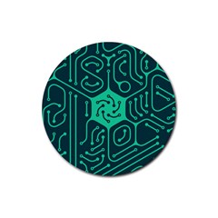 Circuit Hexagonal Geometric Pattern Background Green Rubber Coaster (round) by Jancukart