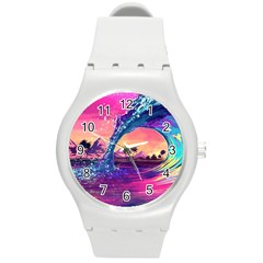 Retro Wave Ocean Round Plastic Sport Watch (m) by Semog4