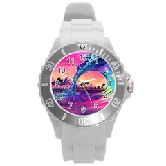 Retro Wave Ocean Round Plastic Sport Watch (l) by Semog4
