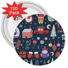 Vector Set Cute Christmas Elements Santa Penguin Deer Bear Fox Owl Trees Snowman Bird Angel More 3  Buttons (100 pack) 