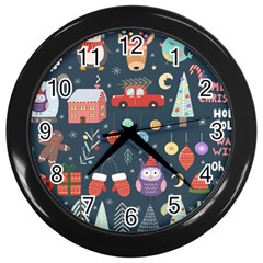 Vector Set Cute Christmas Elements Santa Penguin Deer Bear Fox Owl Trees Snowman Bird Angel More Wall Clock (Black)