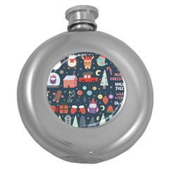 Vector Set Cute Christmas Elements Santa Penguin Deer Bear Fox Owl Trees Snowman Bird Angel More Round Hip Flask (5 oz)