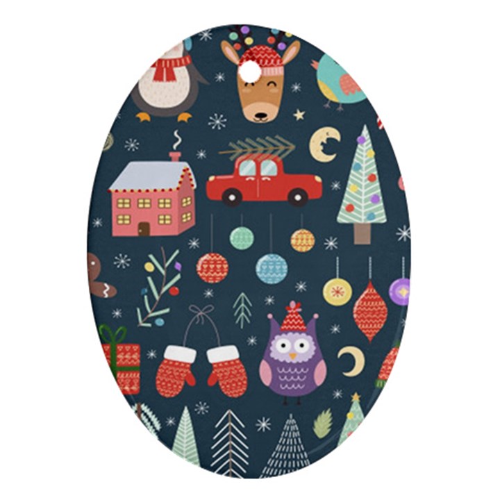 Vector Set Cute Christmas Elements Santa Penguin Deer Bear Fox Owl Trees Snowman Bird Angel More Oval Ornament (Two Sides)