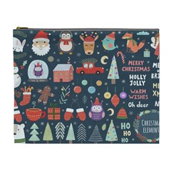 Vector Set Cute Christmas Elements Santa Penguin Deer Bear Fox Owl Trees Snowman Bird Angel More Cosmetic Bag (XL)