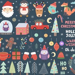 Vector Set Cute Christmas Elements Santa Penguin Deer Bear Fox Owl Trees Snowman Bird Angel More Play Mat (Rectangle)