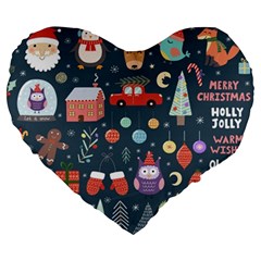 Vector Set Cute Christmas Elements Santa Penguin Deer Bear Fox Owl Trees Snowman Bird Angel More Large 19  Premium Heart Shape Cushions