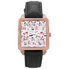 Christmas Themed Seamless Pattern Rose Gold Leather Watch 