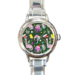 Colorful Funny Christmas Pattern Round Italian Charm Watch