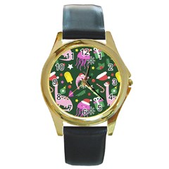 Colorful Funny Christmas Pattern Round Gold Metal Watch