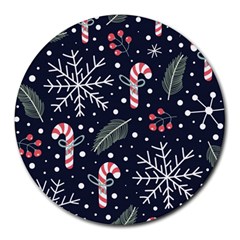 Holiday Seamless Pattern With Christmas Candies Snoflakes Fir Branches Berries Round Mousepad by Semog4