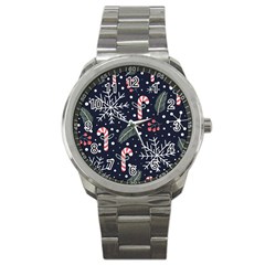Holiday Seamless Pattern With Christmas Candies Snoflakes Fir Branches Berries Sport Metal Watch by Semog4