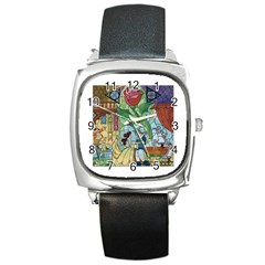 Stained Glass Rose Flower Square Metal Watch by Salman4z